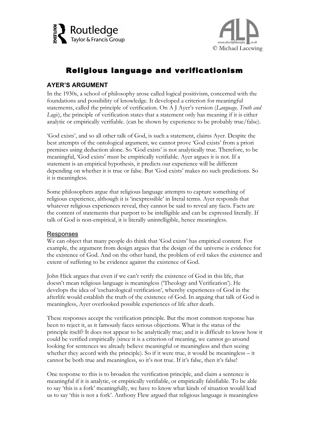 Religious Language and Verificationism