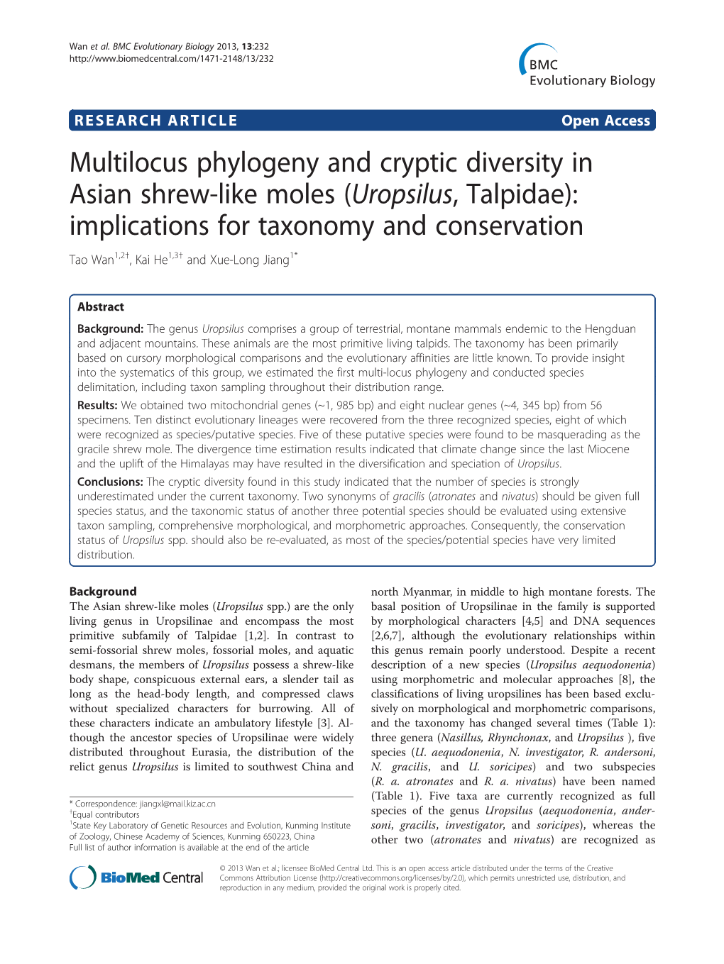 Uropsilus, Talpidae): Implications for Taxonomy and Conservation Tao Wan1,2†, Kai He1,3† and Xue-Long Jiang1*