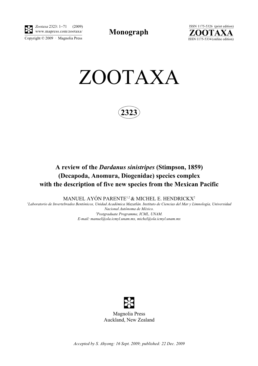 Zootaxa, a Review of the Dardanus Sinistripes