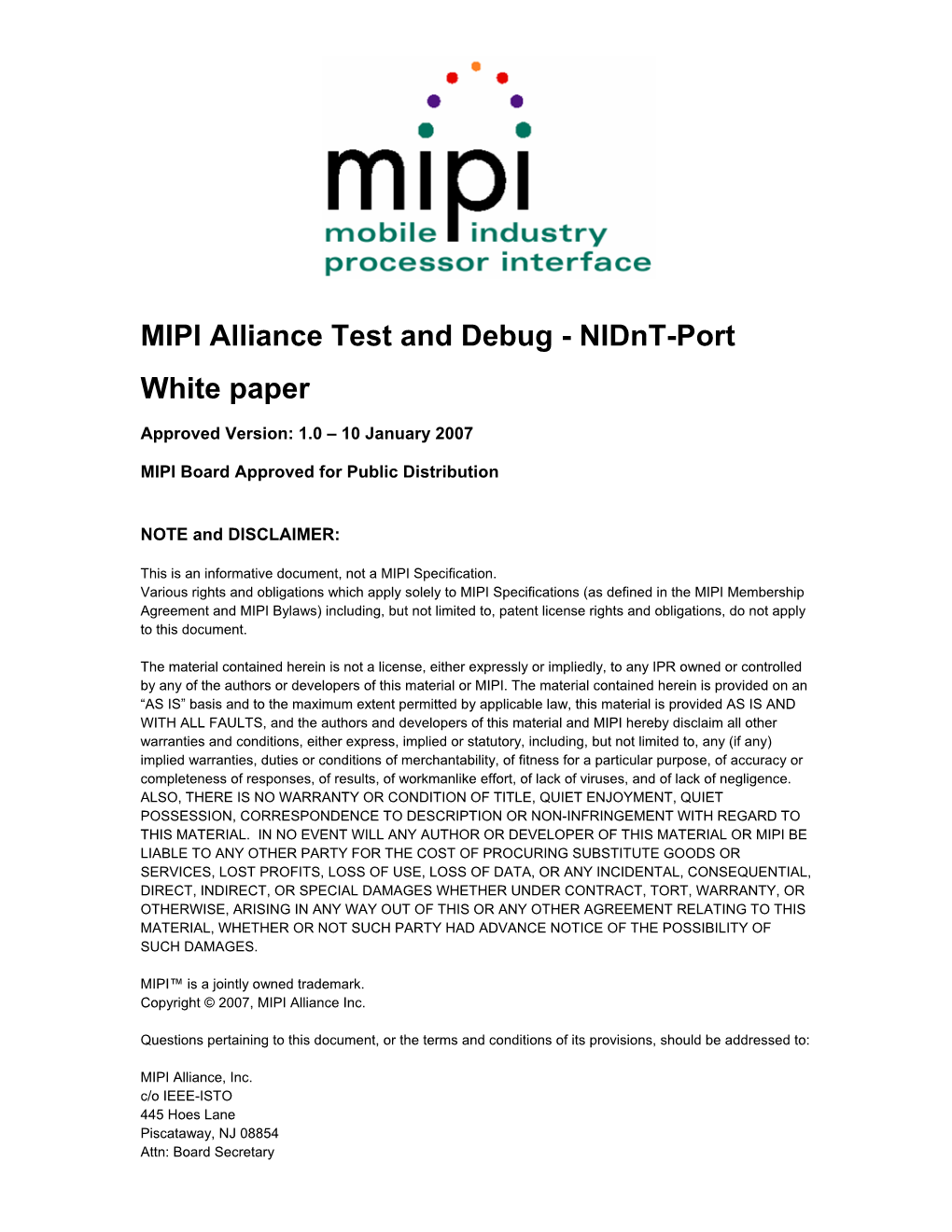 MIPI Alliance Test and Debug - Nidnt-Port White Paper