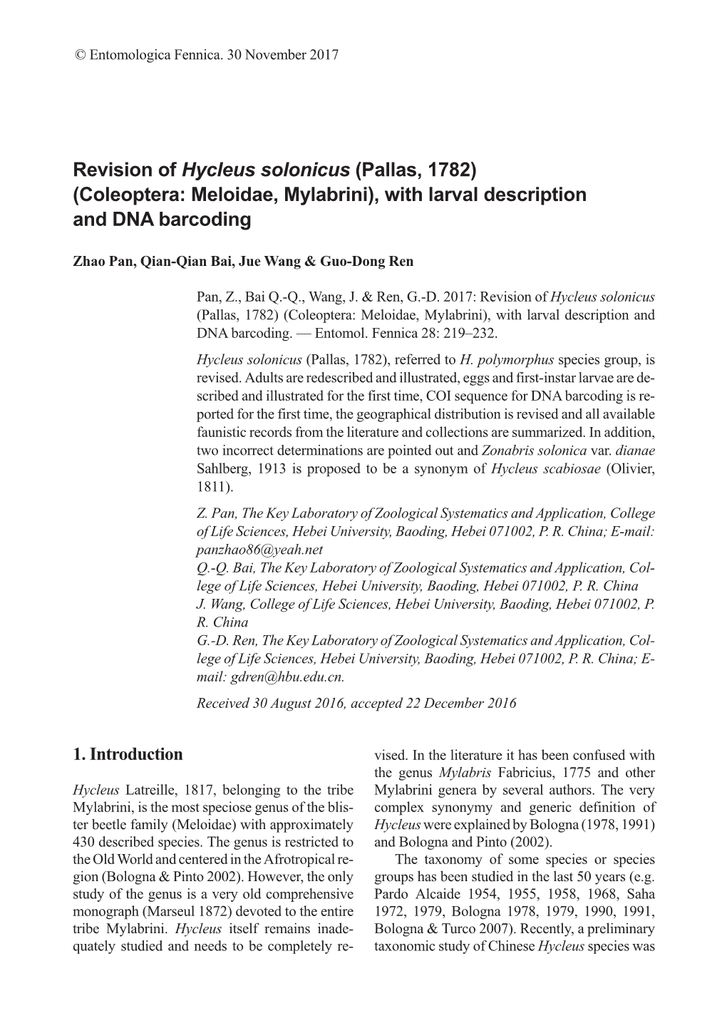 Revision of Hycleus Solonicus (Pallas, 1782) (Coleoptera: Meloidae, Mylabrini), with Larval Description and DNA Barcoding