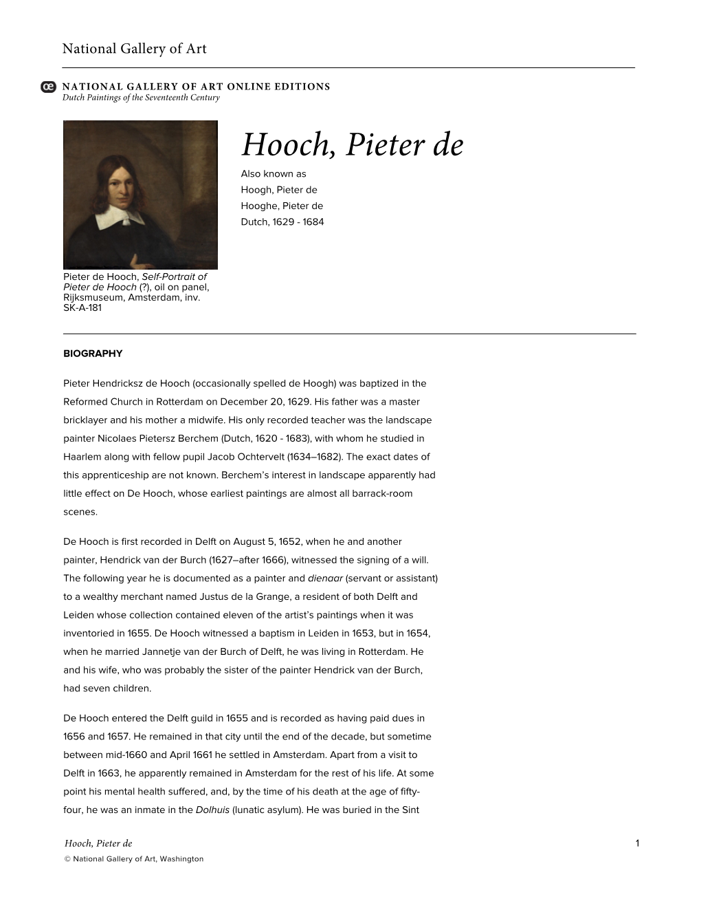 Hooch, Pieter De Also Known As Hoogh, Pieter De Hooghe, Pieter De Dutch, 1629 - 1684