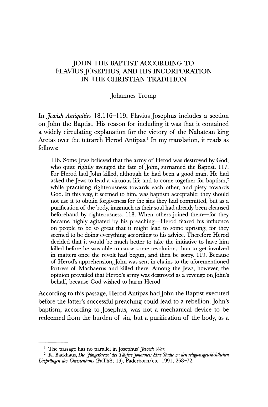 John the Baptist According to Flavius Josephus, and His Incorporation in the Christian Tradition