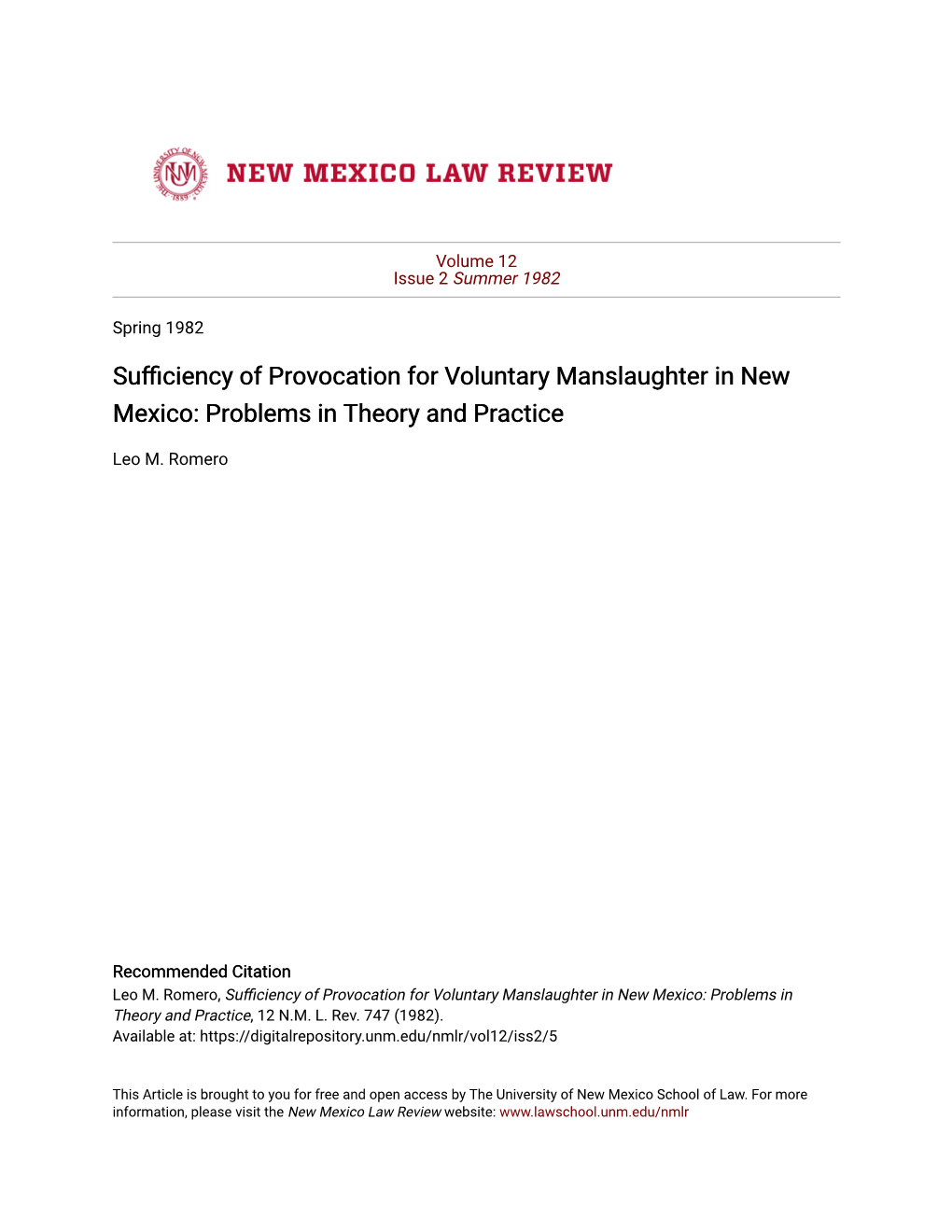 Sufficiency of Provocation for Voluntary Manslaughter in New Mexico: Problems in Theory and Practice Leo M