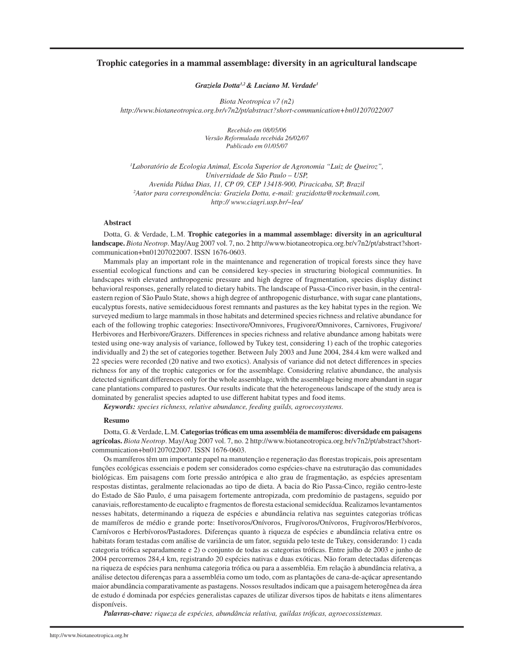 Trophic Categories in a Mammal Assemblage: Diversity in an Agricultural Landscape