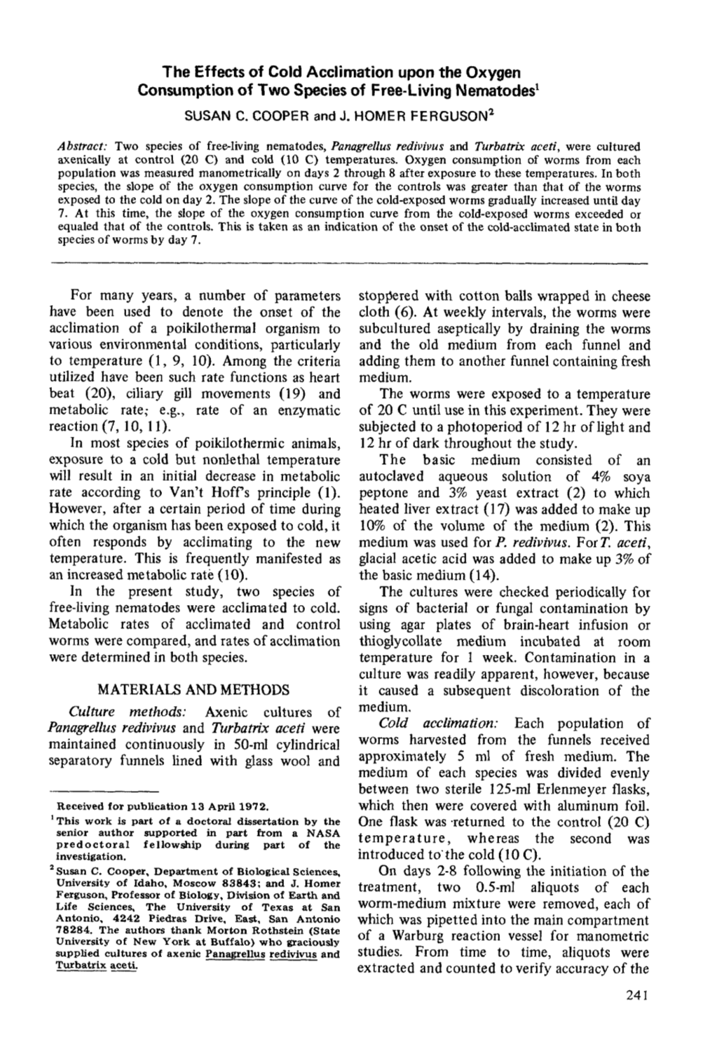 The Effects of Cold Acclimation Upon the Oxygen Consumption of Two Species of Free-Living Nematodes L SUSAN C