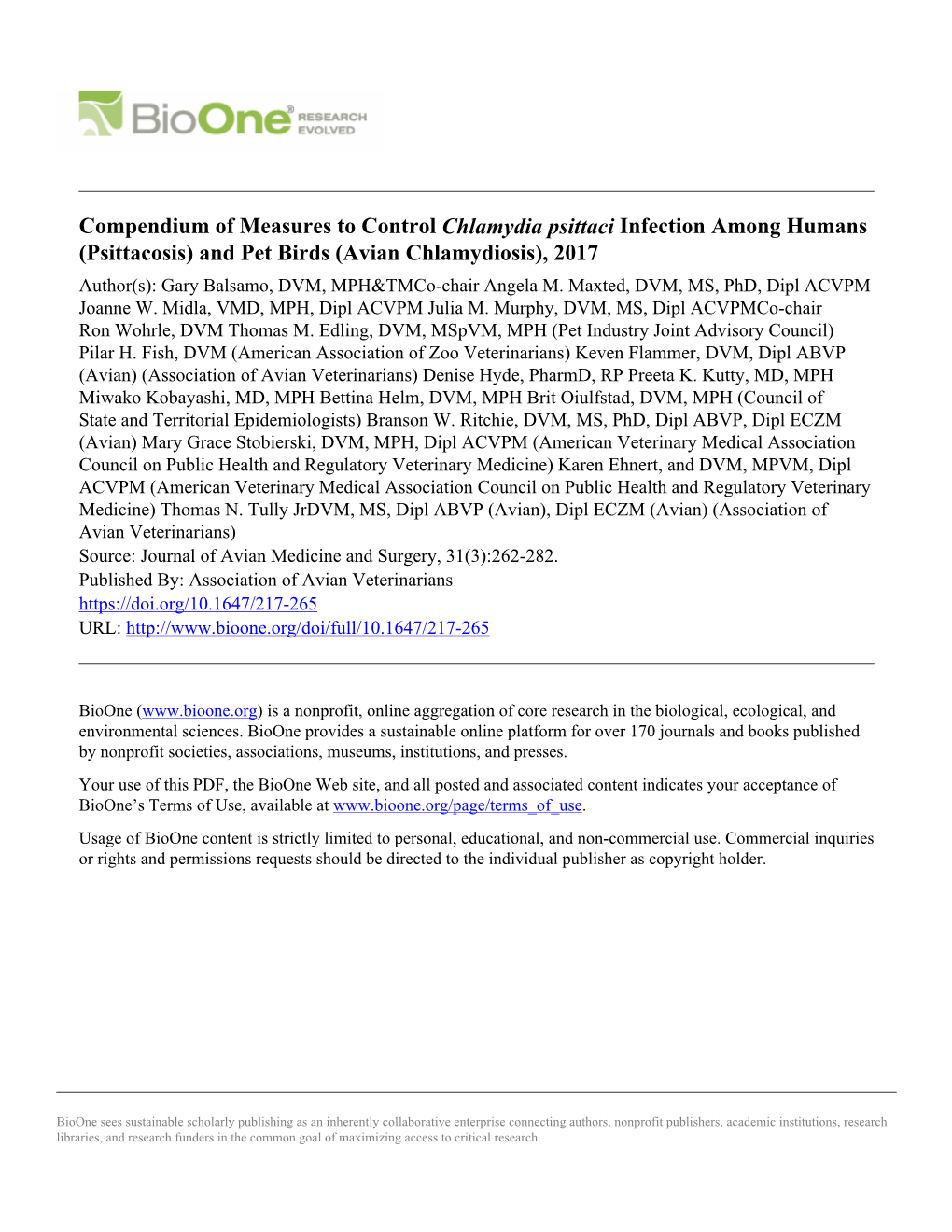 Compendium of Measures to Control Chlamydia Psittaci Infection Among