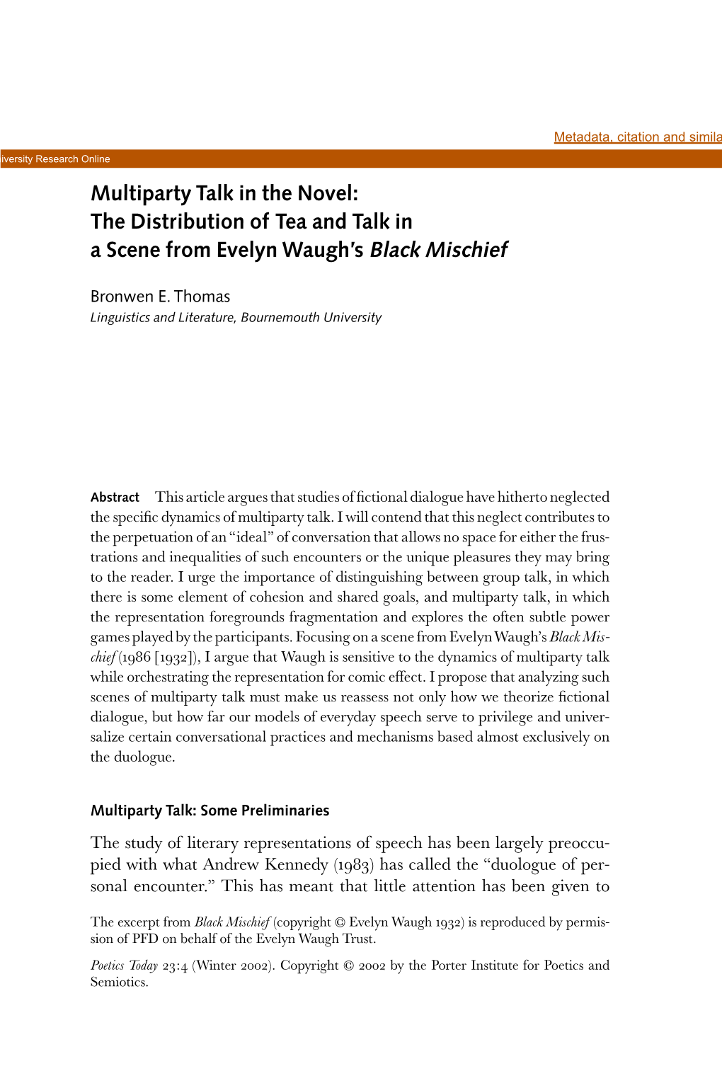 Multiparty Talk in the Novel: the Distribution of Tea and Talk in a Scene from Evelyn Waugh’S Black Mischief