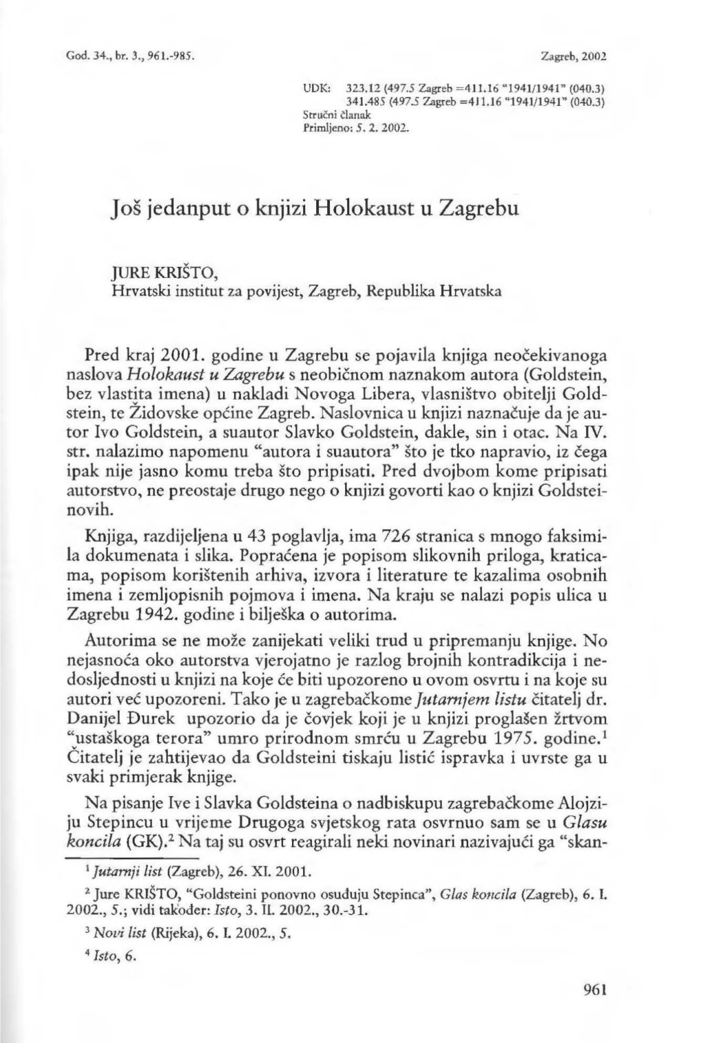 Još Jedanput O Knjizi Holokaust U Zagrebu