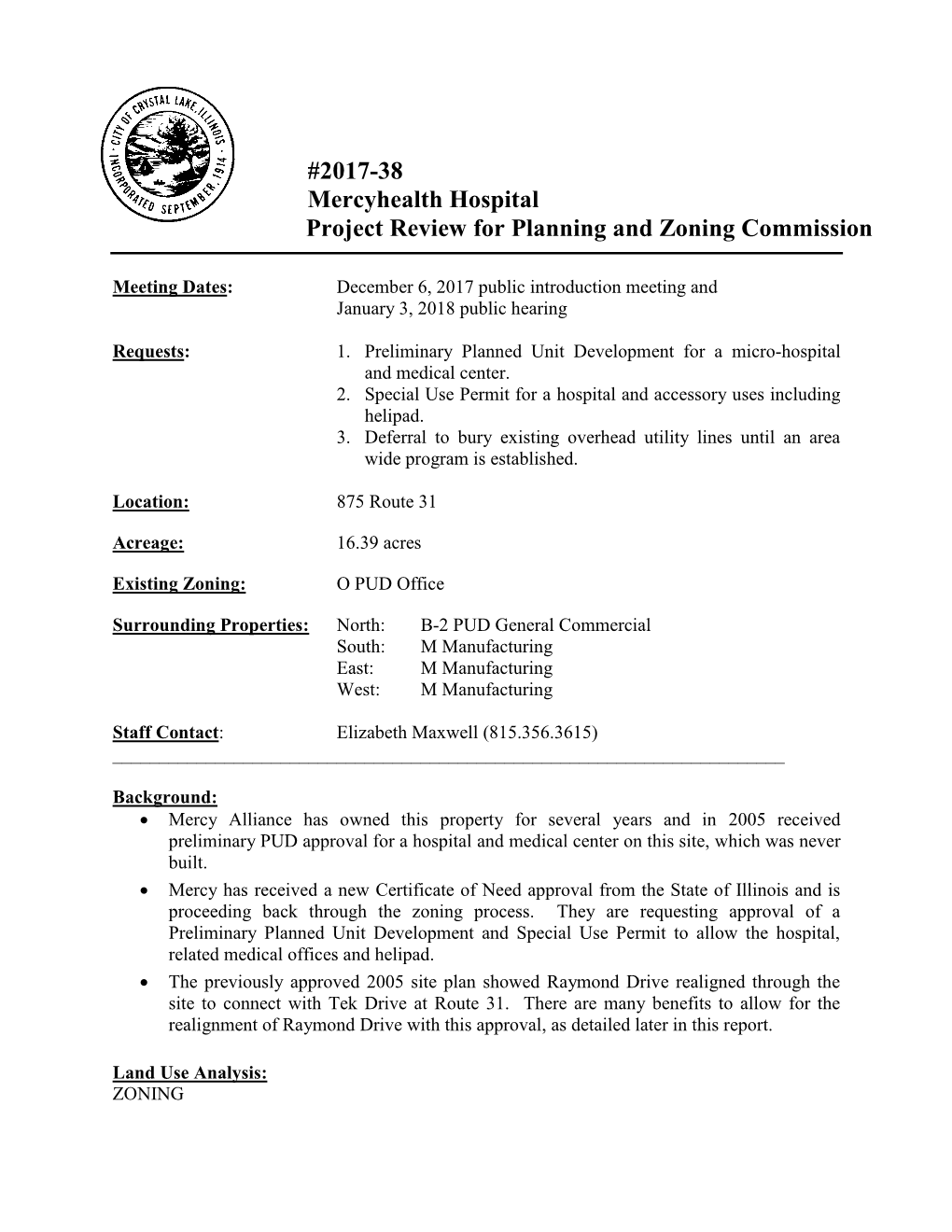 2017-38 Mercyhealth Hospital Project Review for Planning and Zoning Commission