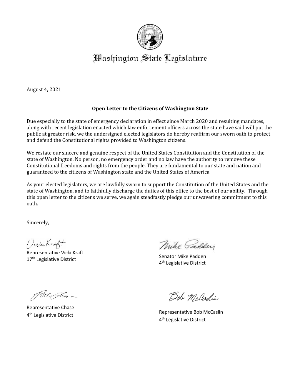 August 4, 2021 Open Letter to the Citizens of Washington State Due