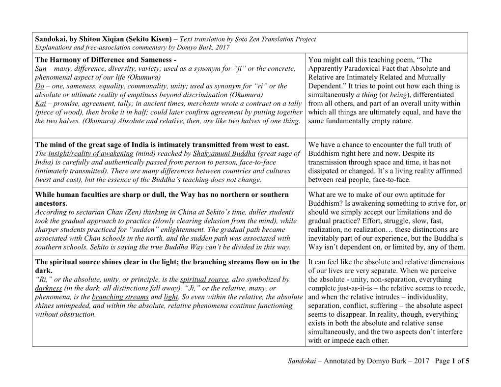 Sandokai – Annotated by Domyo Burk – 2017 Page 1 of 5 the Harmony of Difference and Sameness