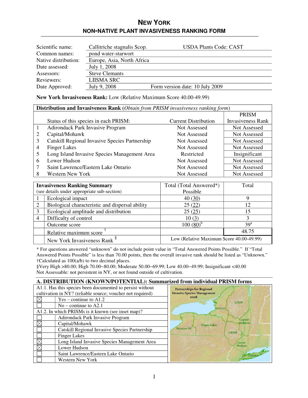 New York Non-Native Plant Invasiveness Ranking Form