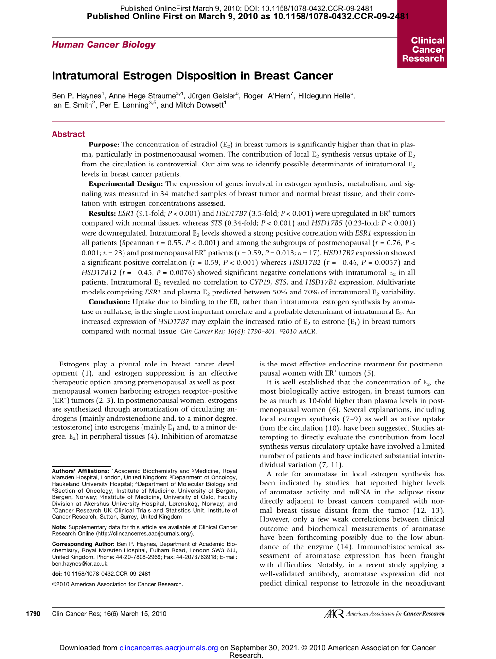 Intratumoral Estrogen Disposition in Breast Cancer