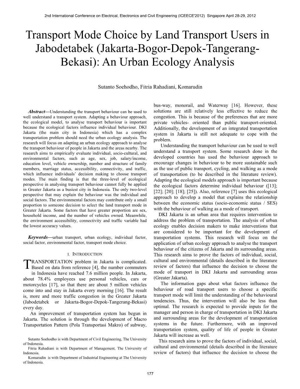Jakarta-Bogor-Depok-Tangerang- Bekasi): an Urban Ecology Analysis