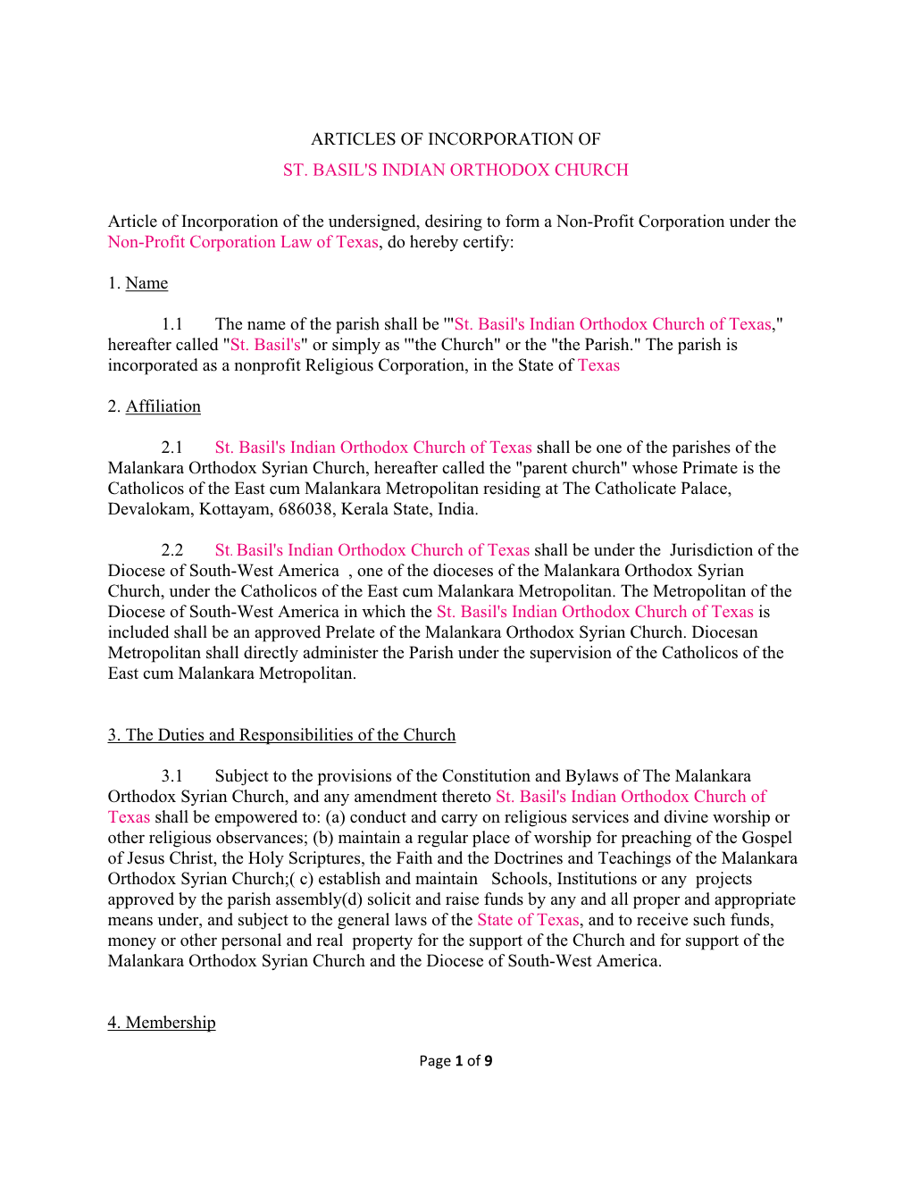 Articles of Incorporation of St. Basil's Indian Orthodox Church