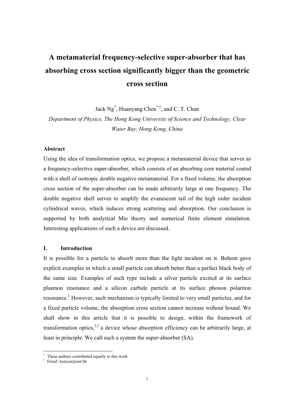 A Metamaterial Frequency-Selective Super-Absorber That Has Absorbing Cross Section Significantly Bigger Than the Geometric Cross Section