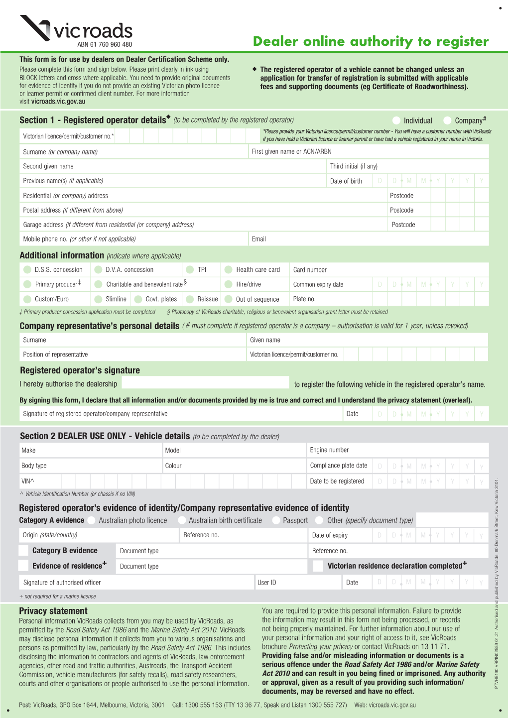 Dealer Online Authority to Register This Form Is for Use by Dealers on Dealer Certification Scheme Only