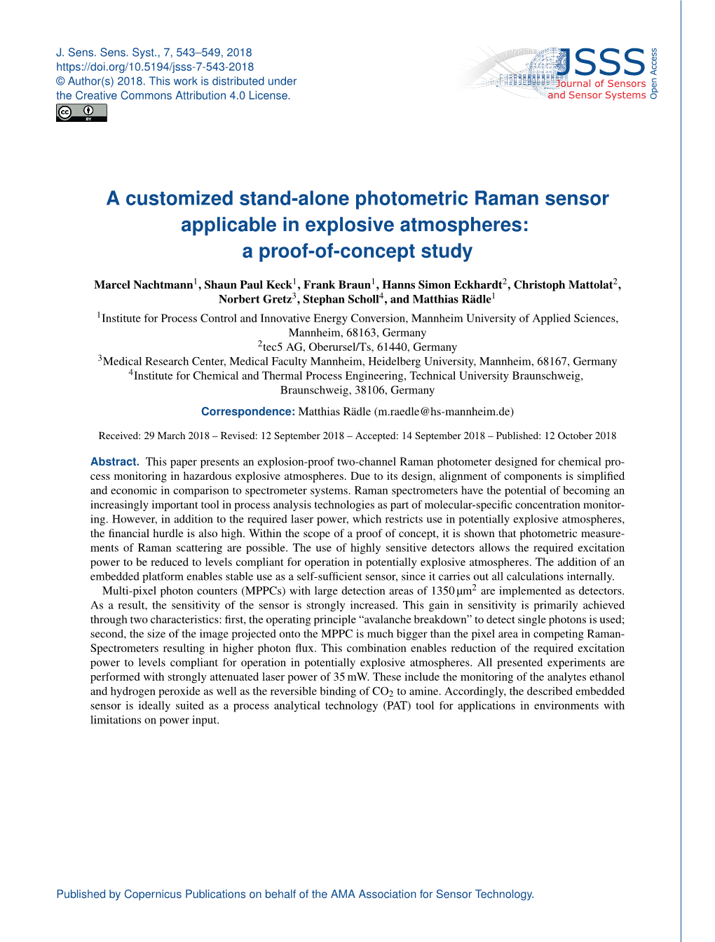 A Customized Stand-Alone Photometric Raman Sensor Applicable in Explosive Atmospheres: a Proof-Of-Concept Study