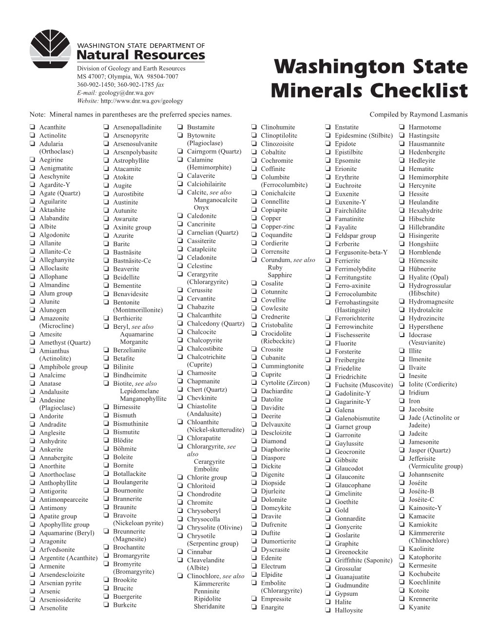 Washington State Minerals Checklist