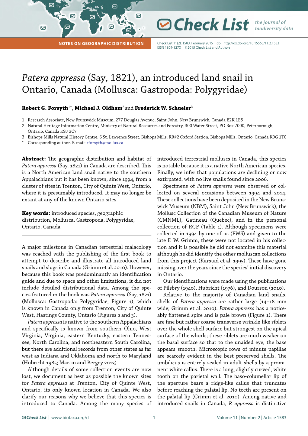 Patera Appressa (Say, 1821), an Introduced Land Snail in Ontario, Canada (Mollusca: Gastropoda: Polygyridae)