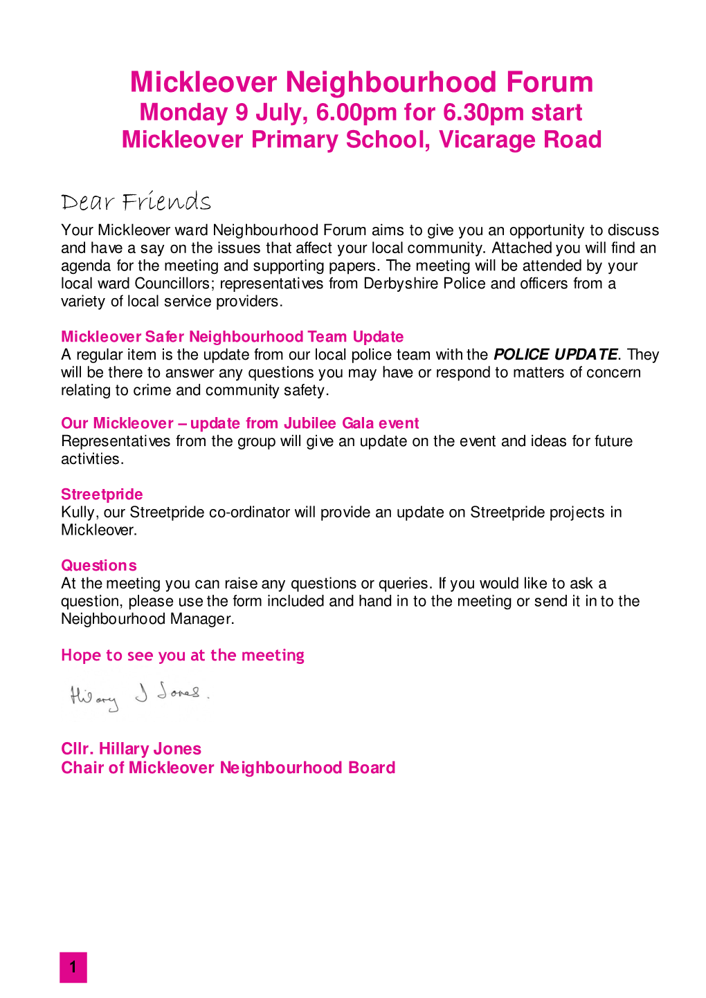 Mickleover Neighbourhood Forum Dear Friends