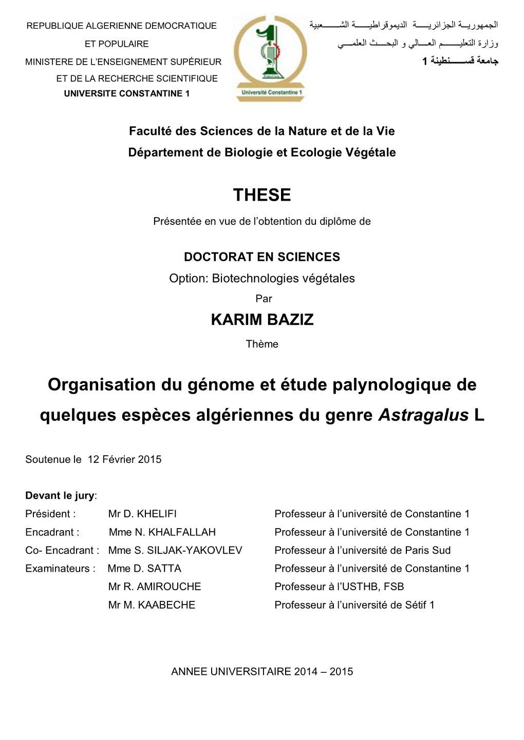 THESE Organisation Du Génome Et Étude Palynologique De Quelques