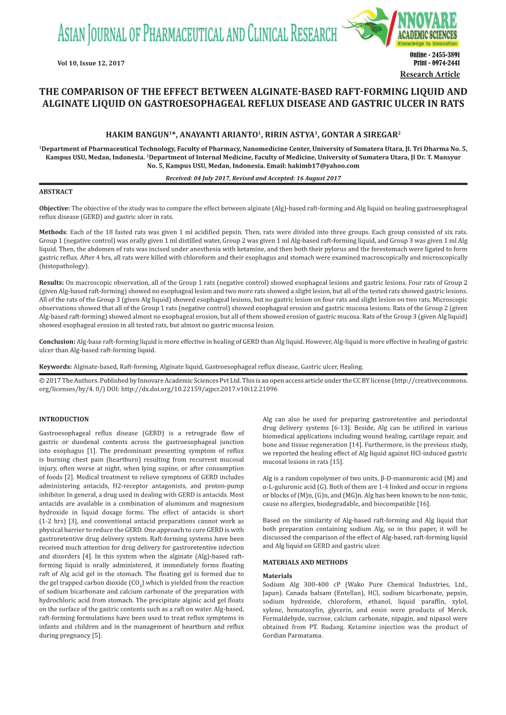 The Comparison of the Effect Between Alginate-Based Raft-Forming Liquid and Alginate Liquid on Gastroesophageal Reflux Disease and Gastric Ulcer in Rats