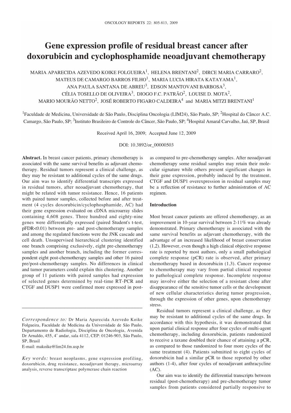 Gene Expression Profile of Residual Breast Cancer After Doxorubicin and Cyclophosphamide Neoadjuvant Chemotherapy