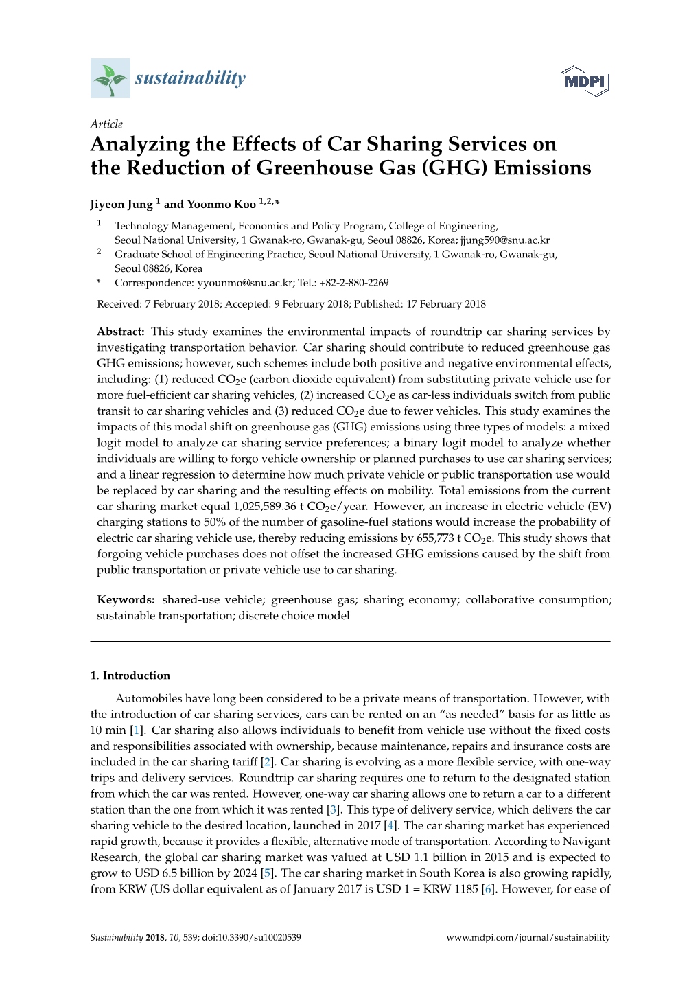 Analyzing the Effects of Car Sharing Services on the Reduction of Greenhouse Gas (GHG) Emissions