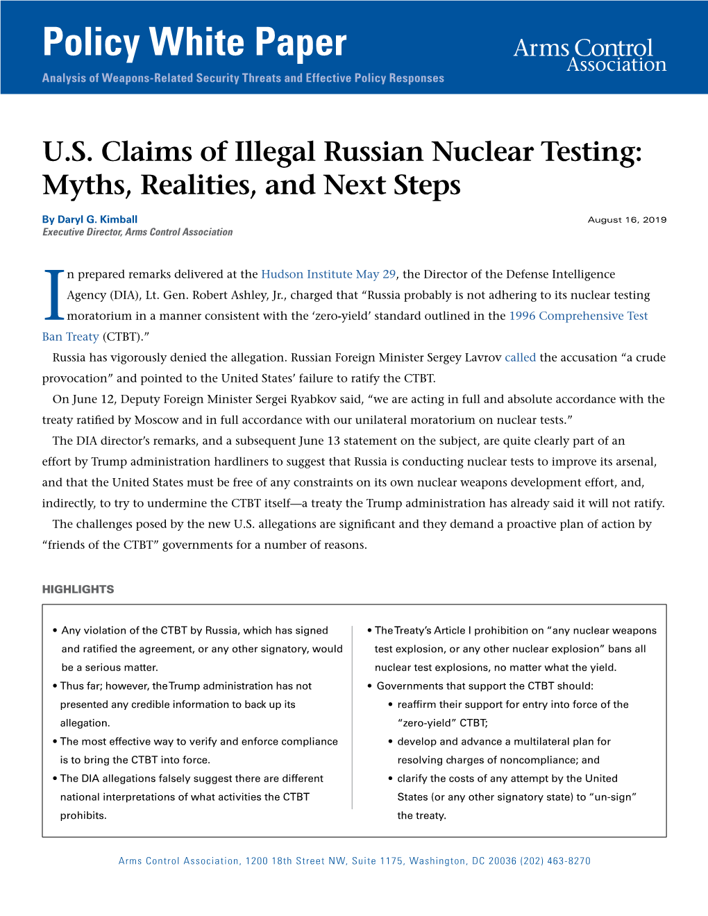 US Claims of Illegal Russian Nuclear Testing