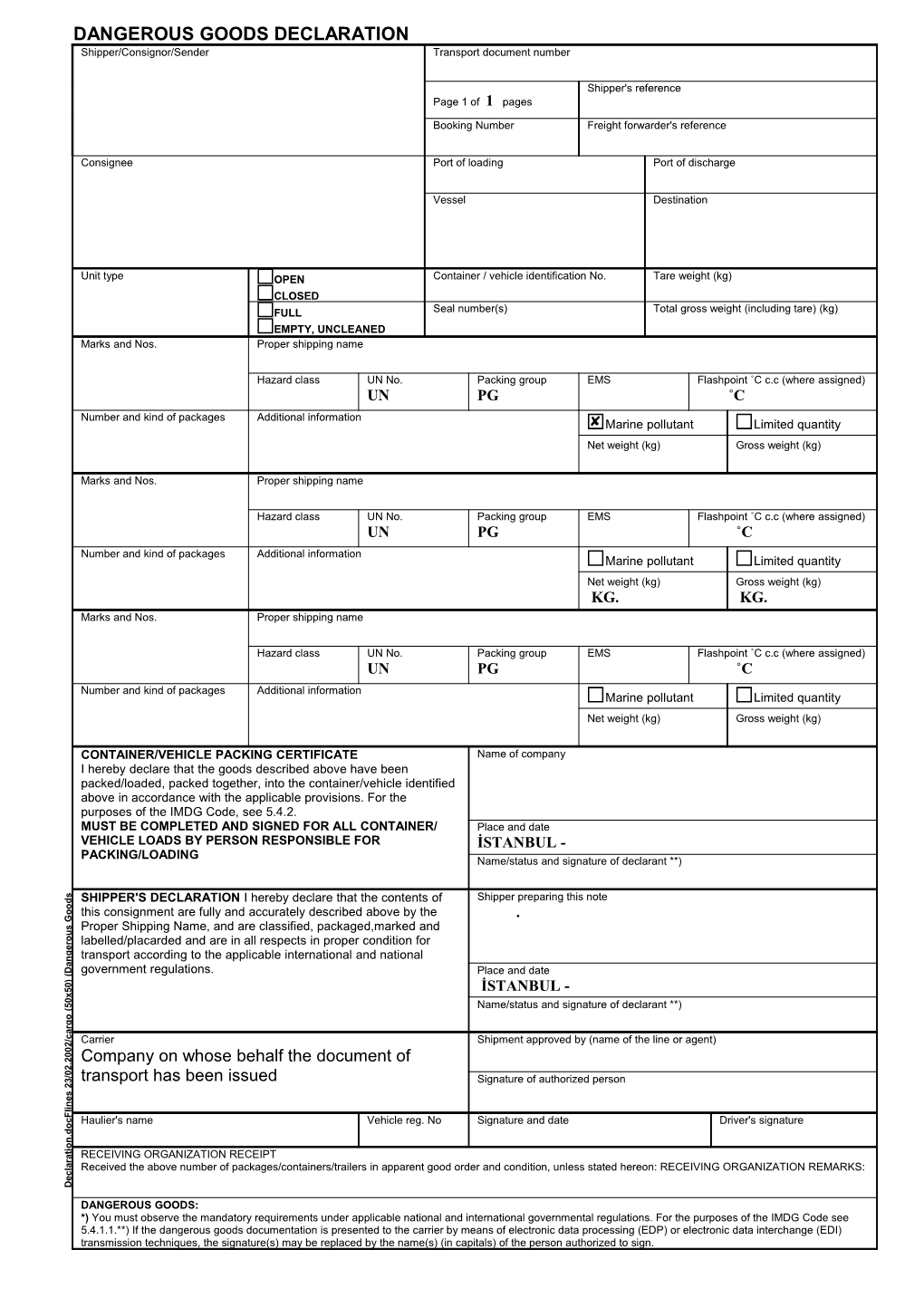 Dangerous Goods Declaration