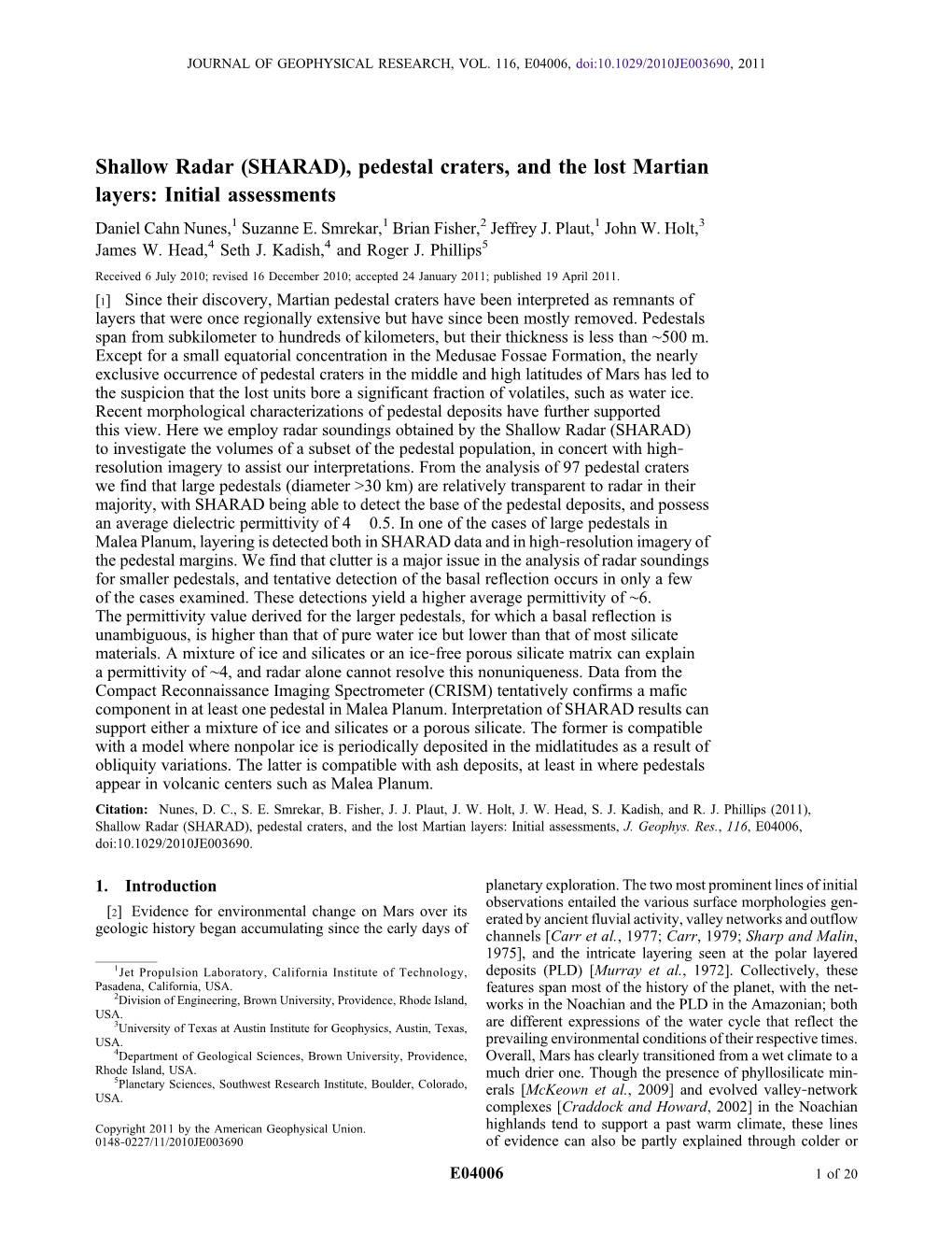 SHARAD), Pedestal Craters, and the Lost Martian Layers: Initial Assessments Daniel Cahn Nunes,1 Suzanne E