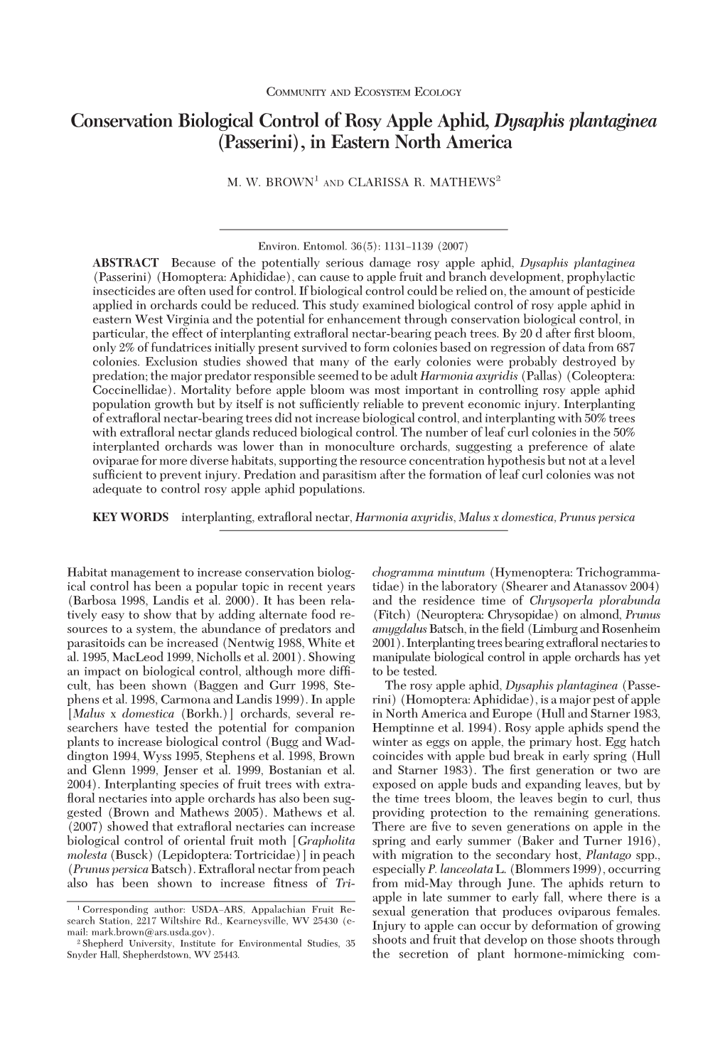 Conservation Biological Control of Rosy Apple Aphid, Dysaphis Plantaginea (Passerini), in Eastern North America