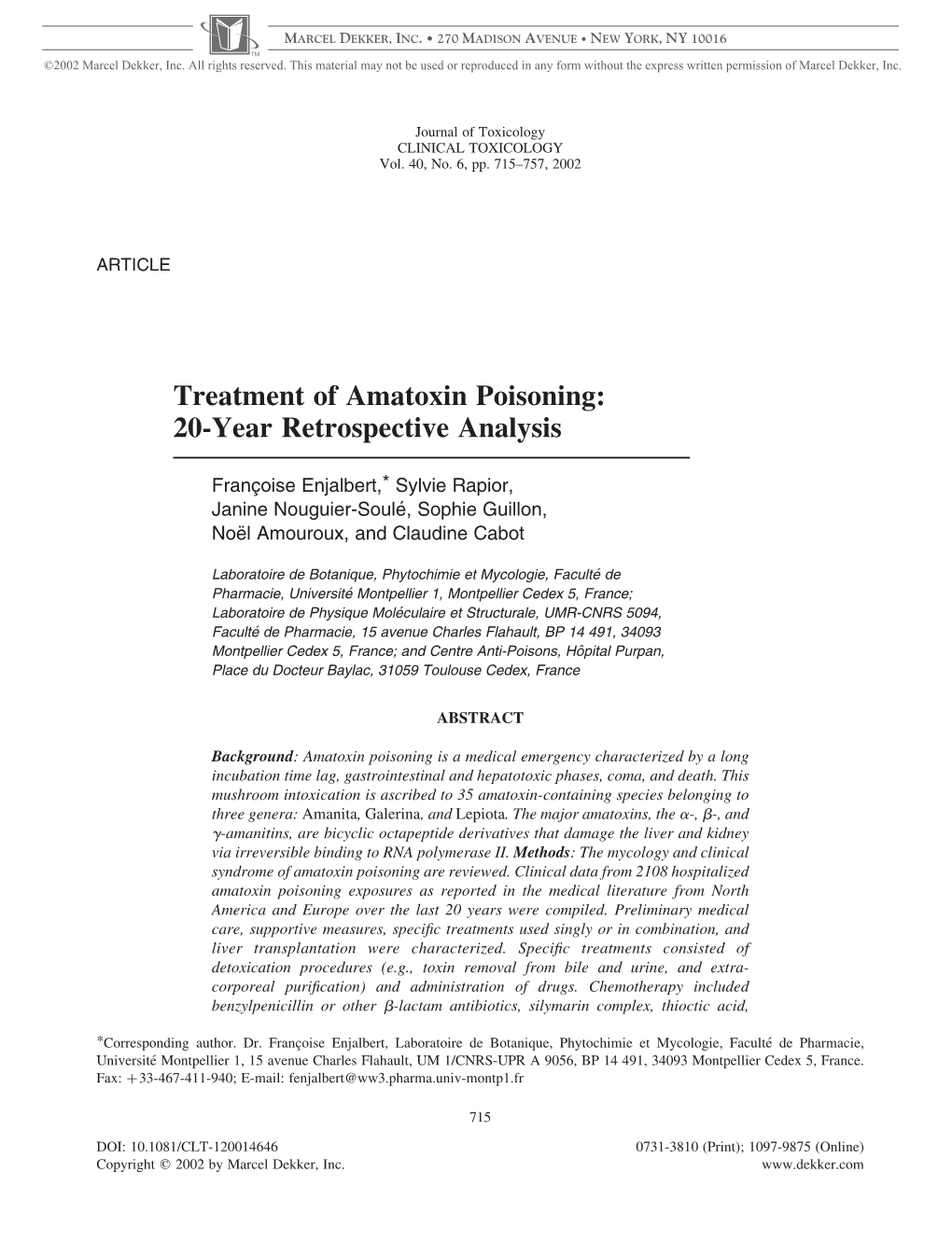 Treatment of Amatoxin Poisoning: 20-Year Retrospective Analysis