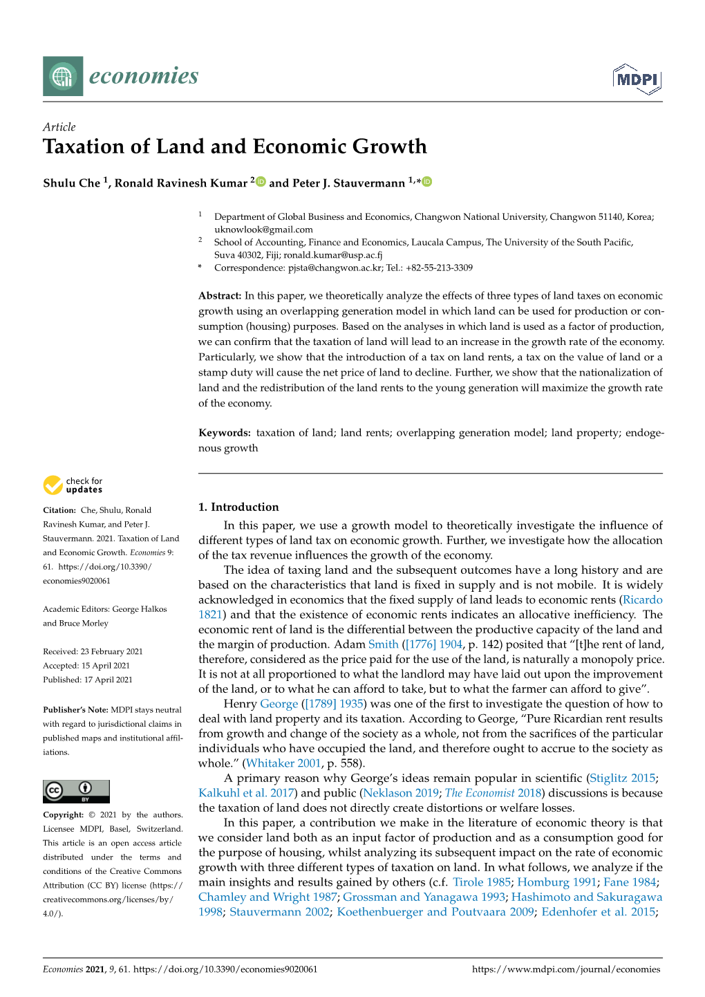 Taxation of Land and Economic Growth