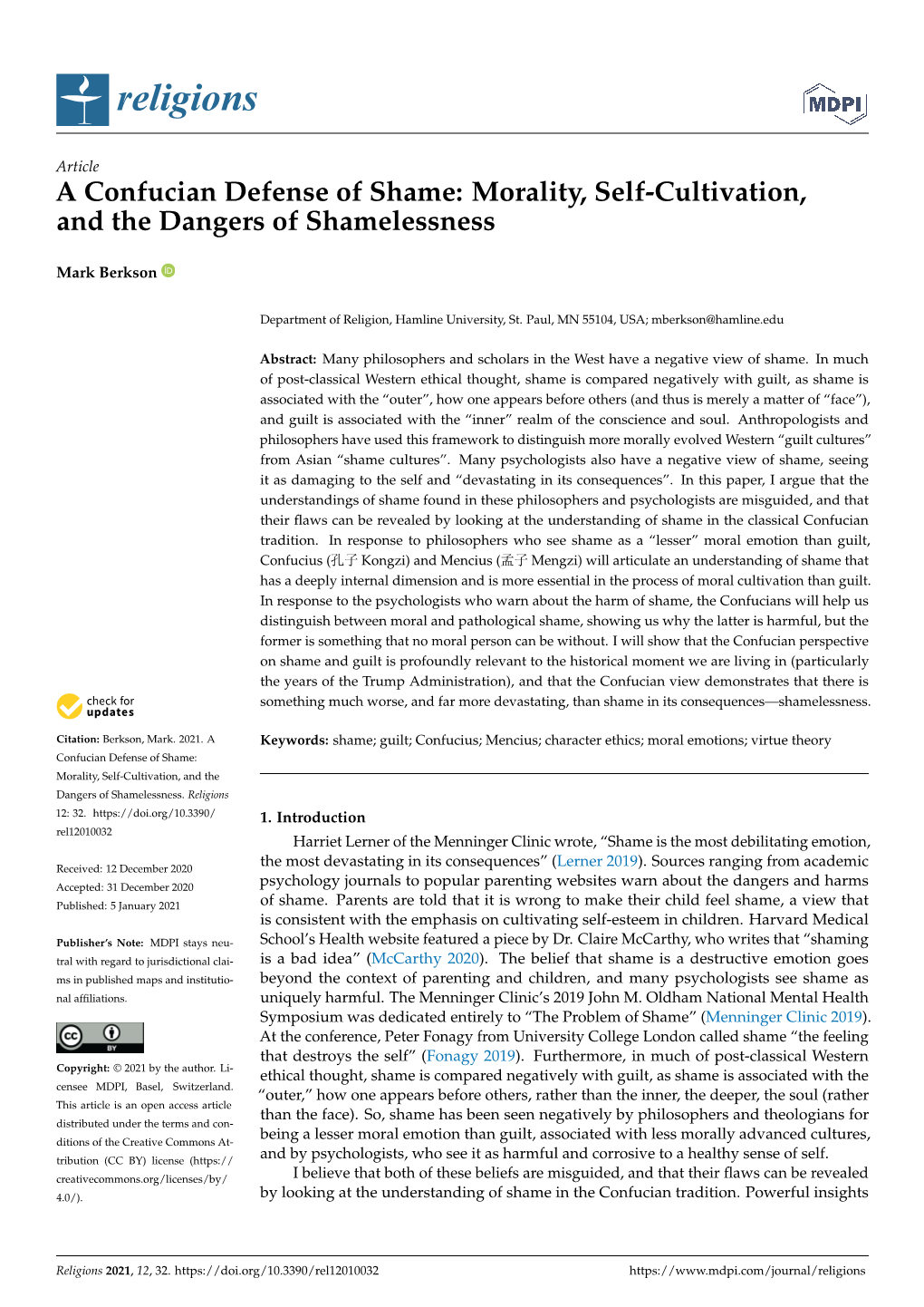 A Confucian Defense of Shame: Morality, Self-Cultivation, and the Dangers of Shamelessness