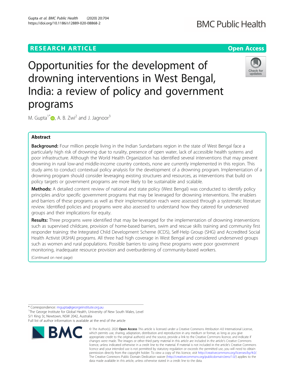 Opportunities for the Development of Drowning Interventions in West Bengal, India: a Review of Policy and Government Programs M