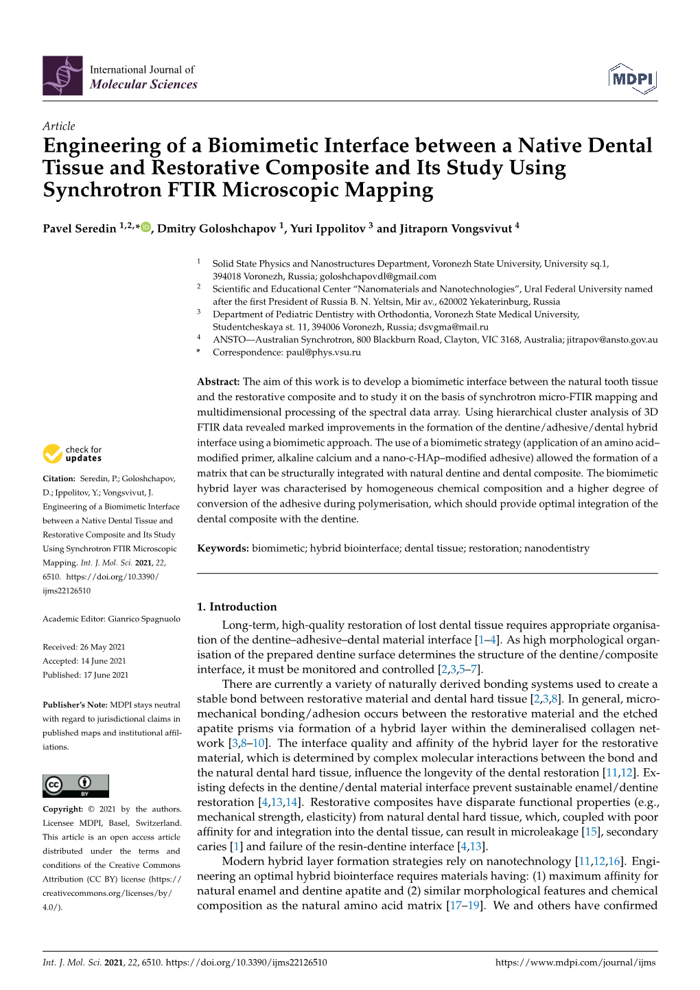 Engineering of a Biomimetic Interface Between a Native Dental Tissue and Restorative Composite and Its Study Using Synchrotron FTIR Microscopic Mapping
