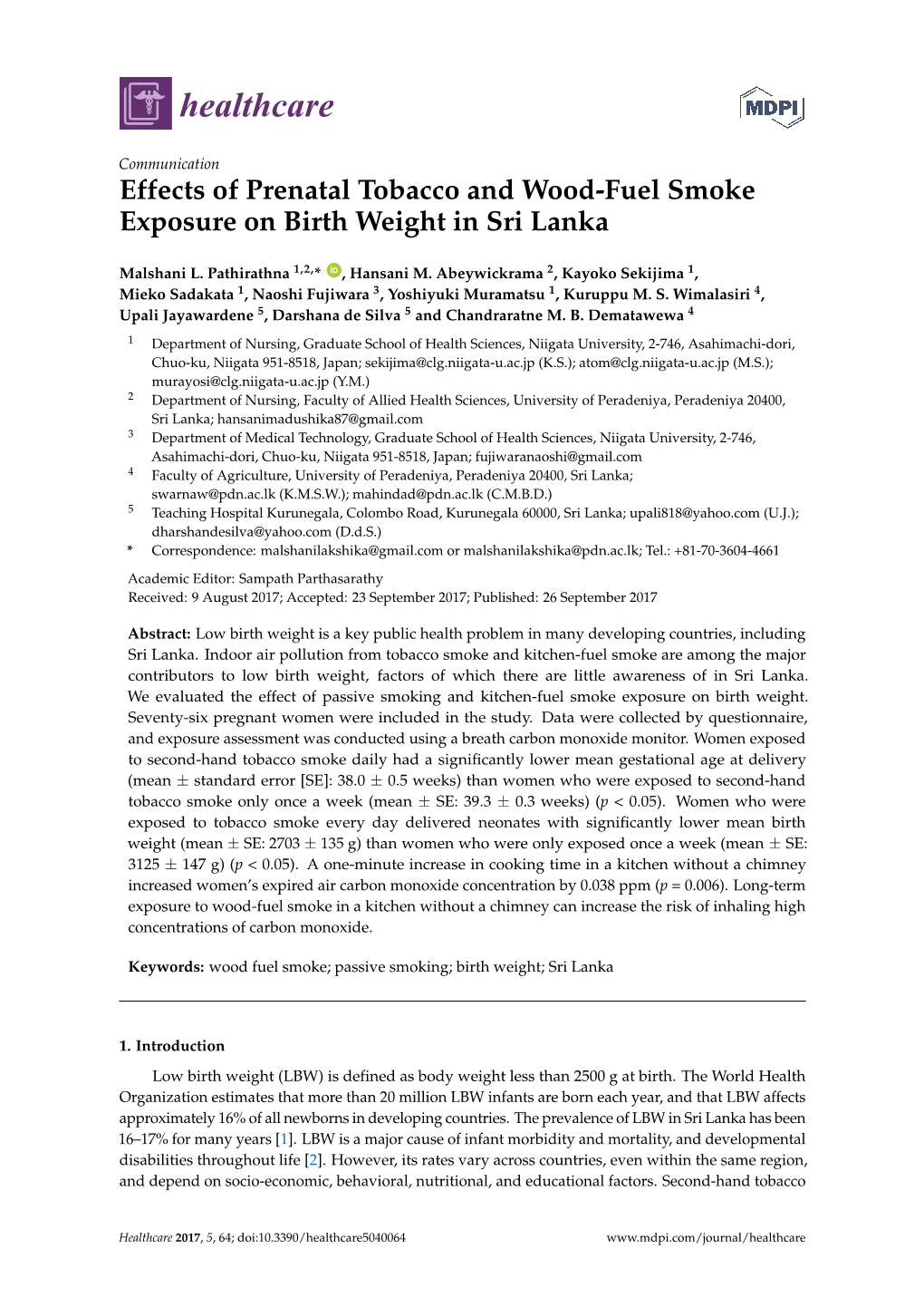 Effects of Prenatal Tobacco and Wood-Fuel Smoke Exposure on Birth Weight in Sri Lanka