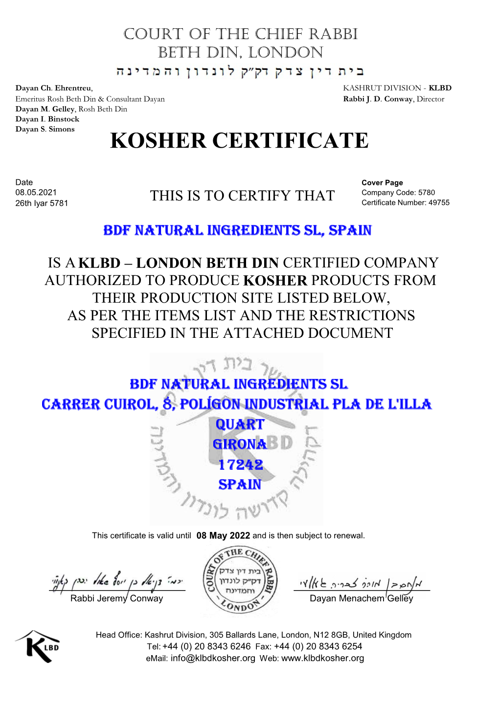 Kosher Certificate