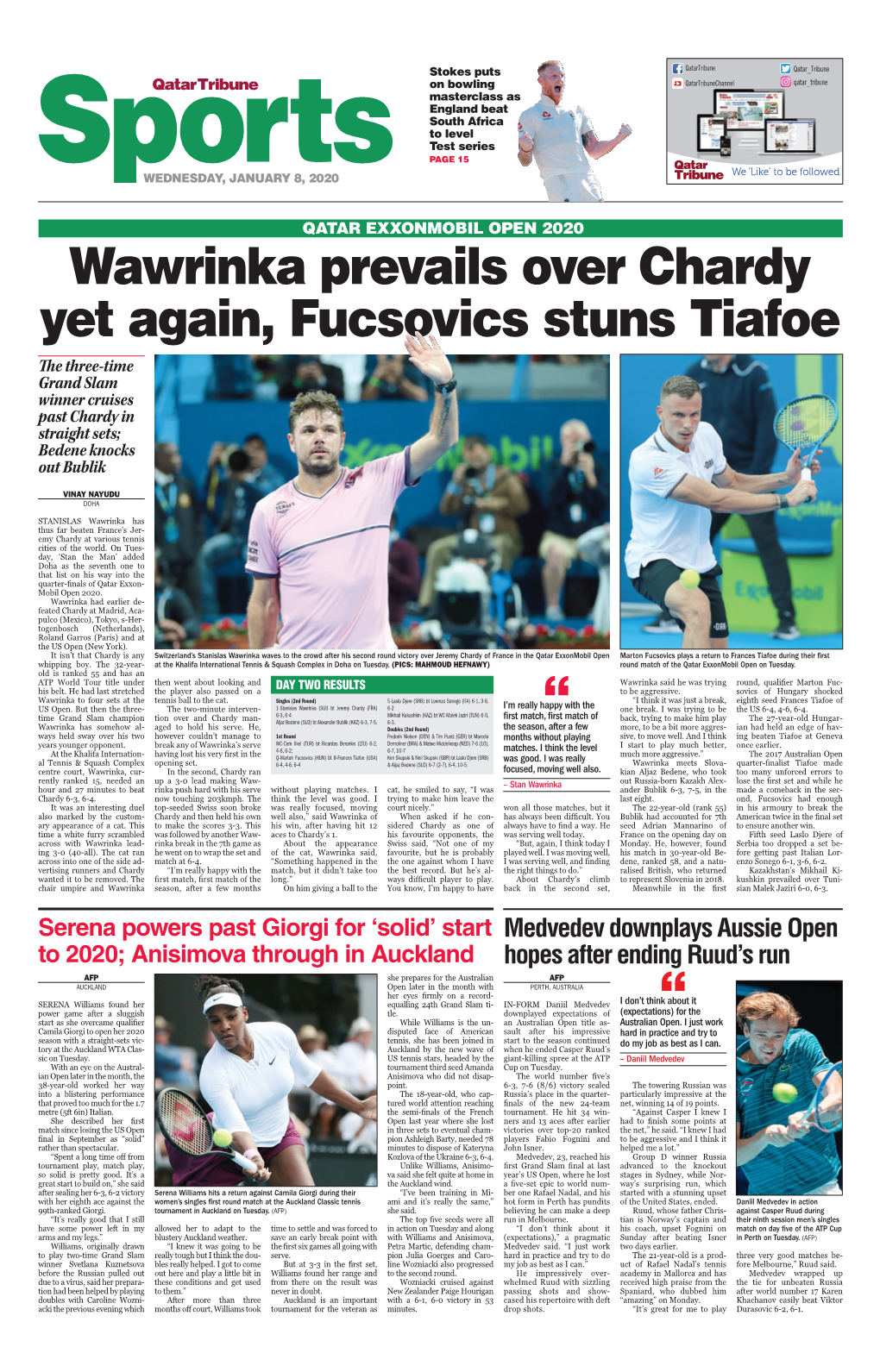 Wawrinka Prevails Over Chardy Yet Again, Fucsovics Stuns Tiafoe the Three-Time Grand Slam Winner Cruises Past Chardy in Straight Sets; Bedene Knocks out Bublik