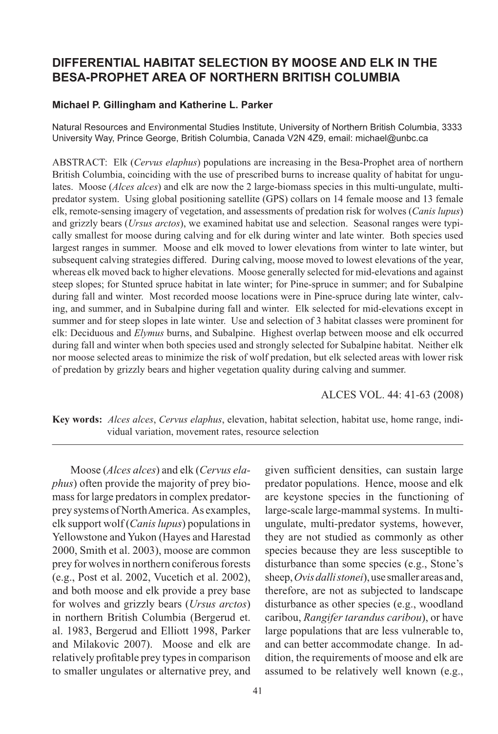 Differential Habitat Selection by Moose and Elk in the Besa-Prophet Area of Northern British Columbia