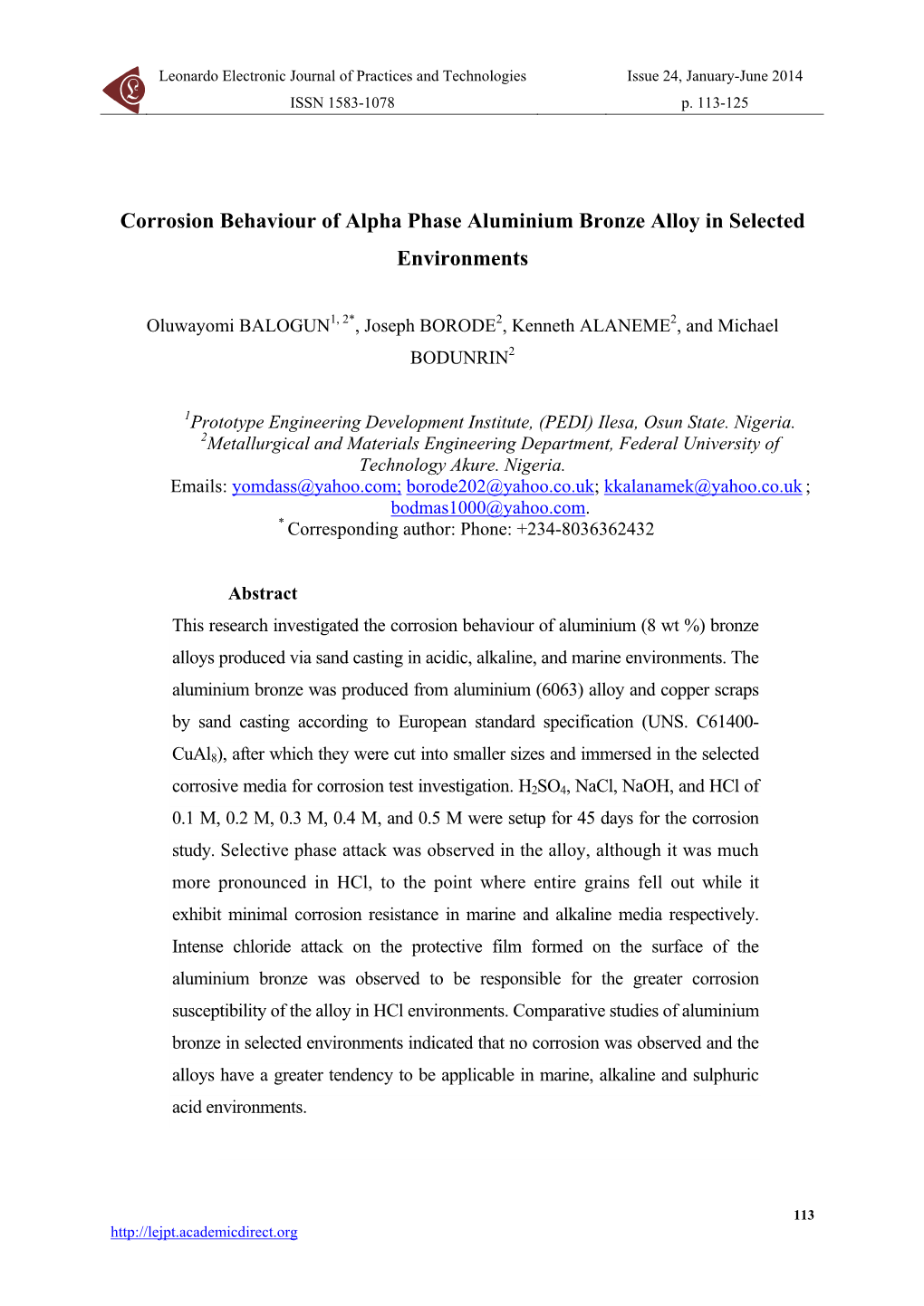 Corrosion Behaviour of Alpha Phase Aluminium Bronze Alloy in Selected Environments