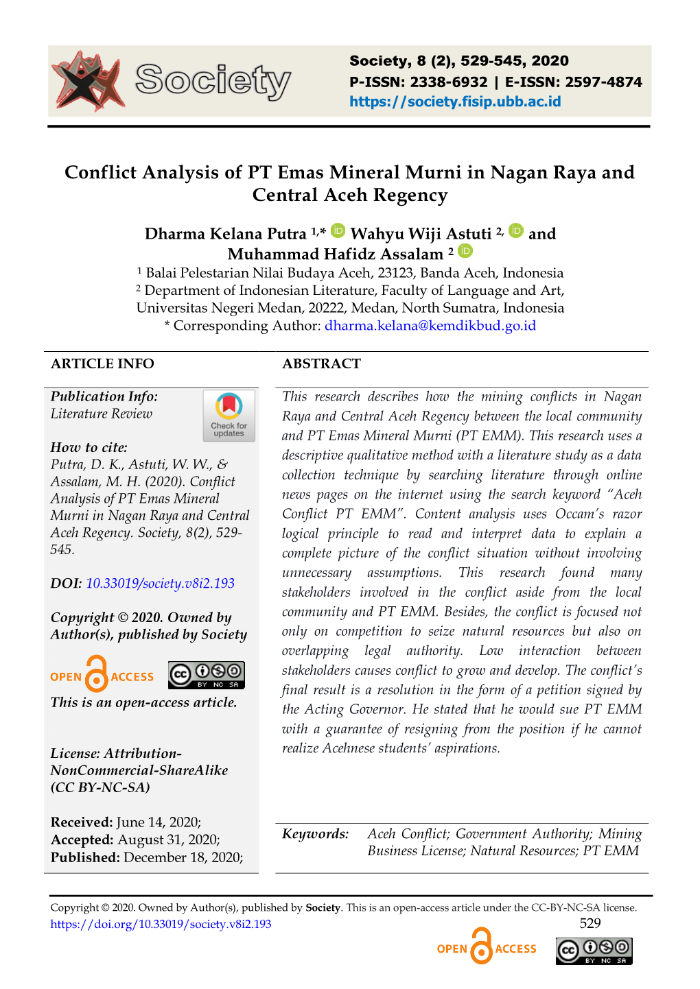 Conflict Analysis of PT Emas Mineral Murni in Nagan Raya and Central Aceh Regency