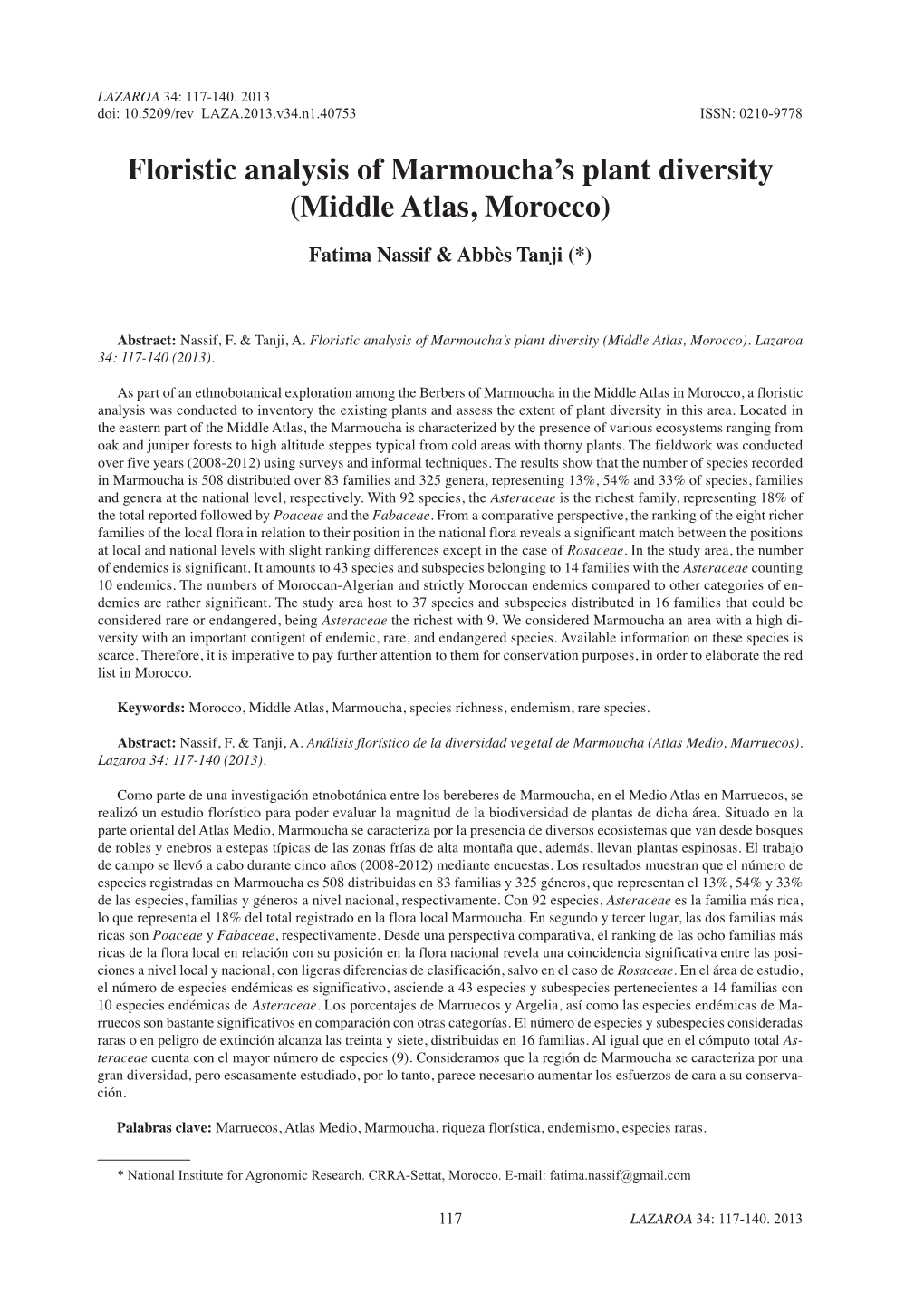 Floristic Analysis of Marmoucha's Plant Diversity (Middle Atlas, Morocco)