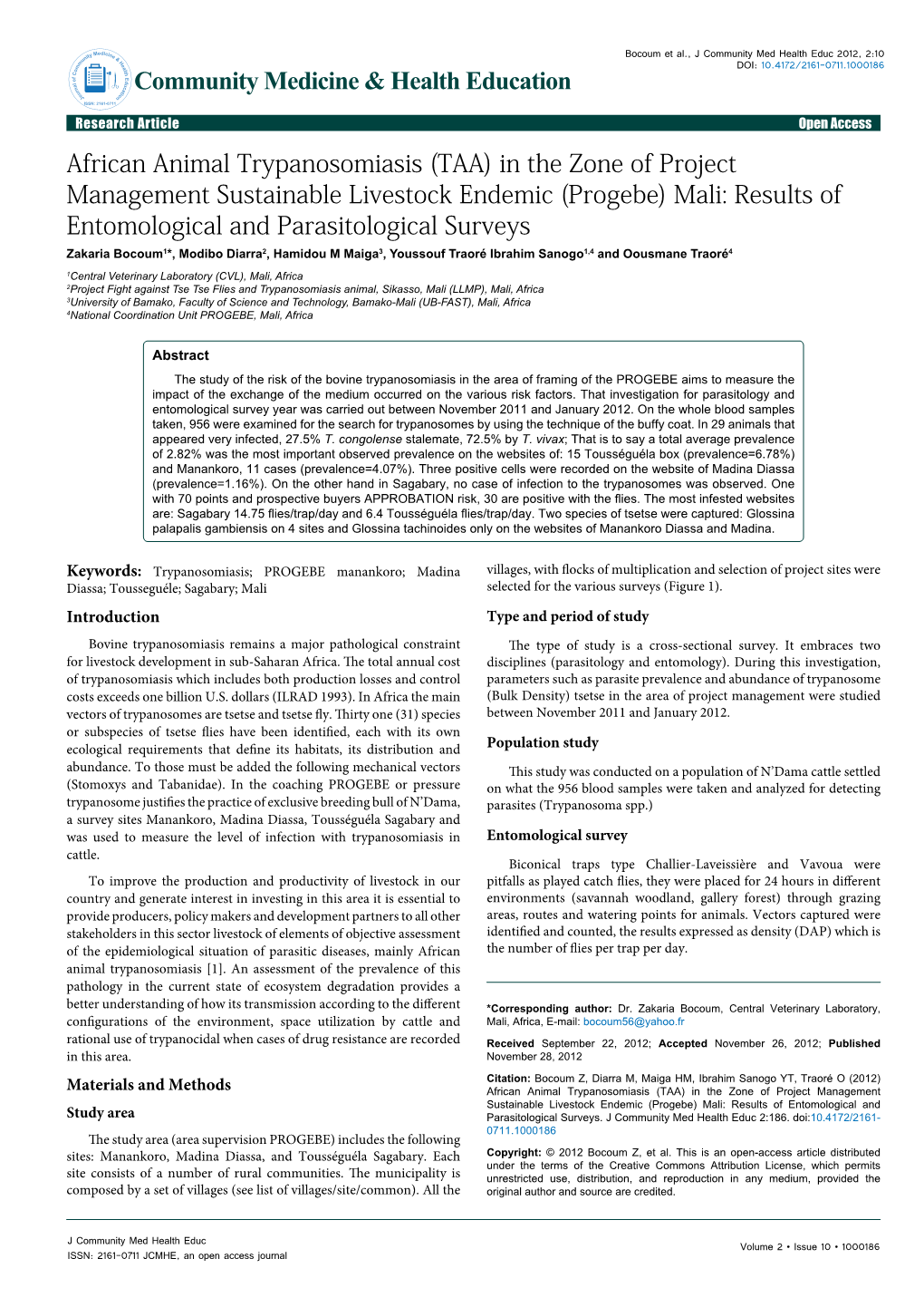 African Animal Trypanosomiasis (TAA) in the Zone of Project Management Sustainable Livestock Endemic (Progebe) Mali: Results Of