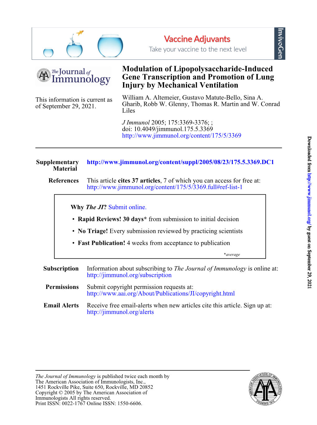 Injury by Mechanical Ventilation Gene Transcription and Promotion Of