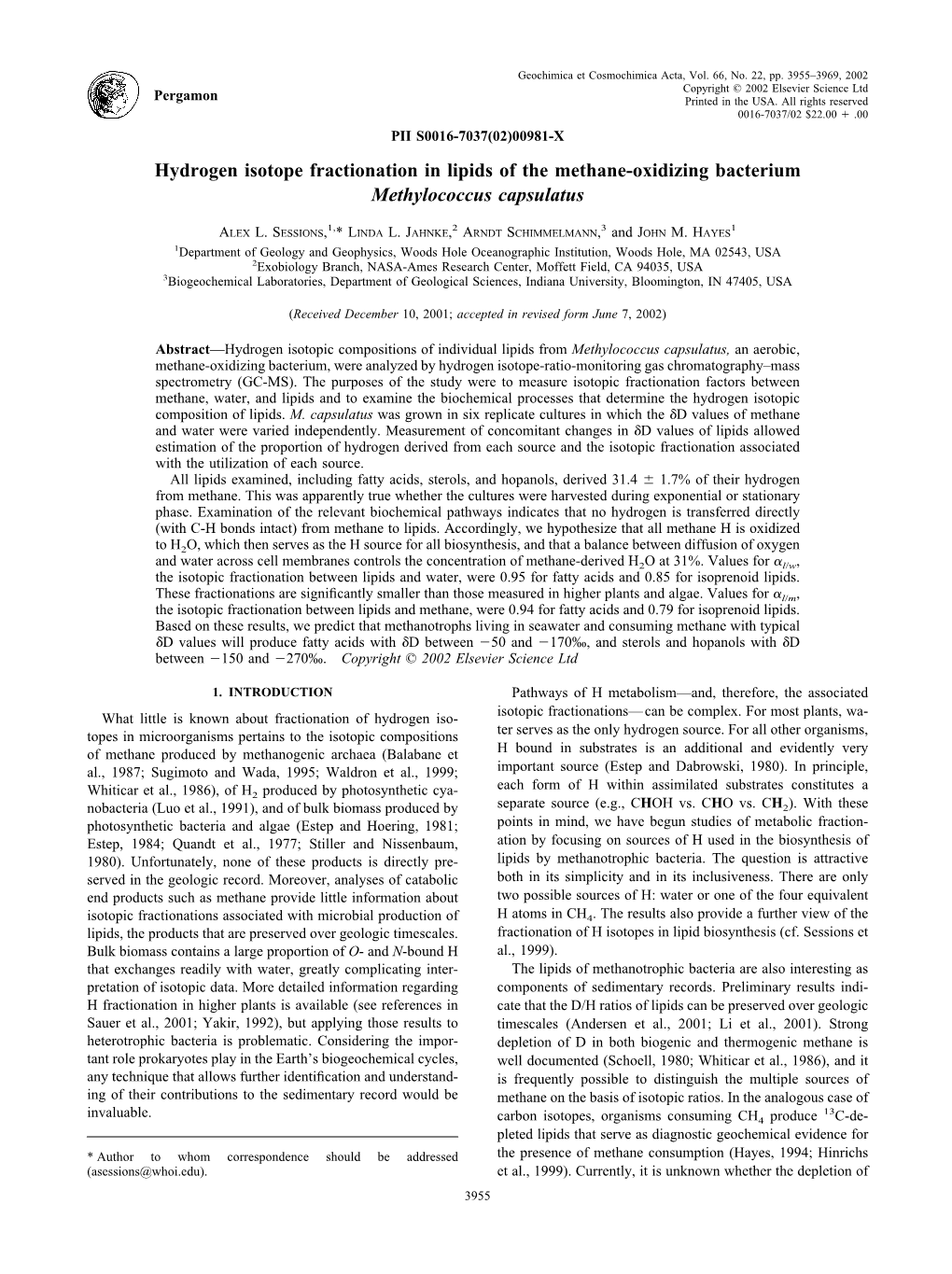 Hydrogen Isotope Fractionation in Lipids of the Methane-Oxidizing Bacterium Methylococcus Capsulatus