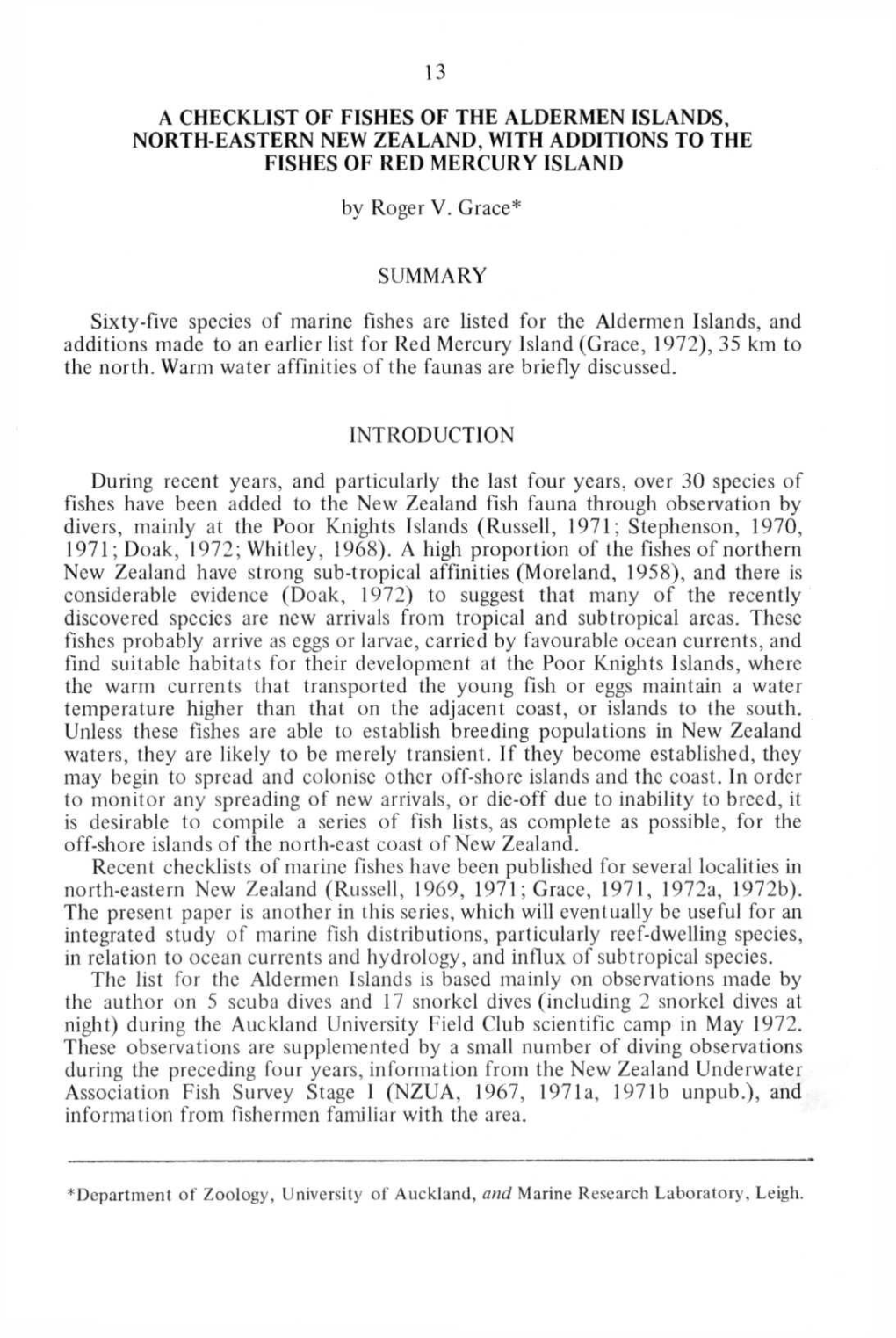 A Checklist of Fishes of the Aldermen Islands, North-Eastern New Zealand, with Additions to the Fishes of Red Mercury Island